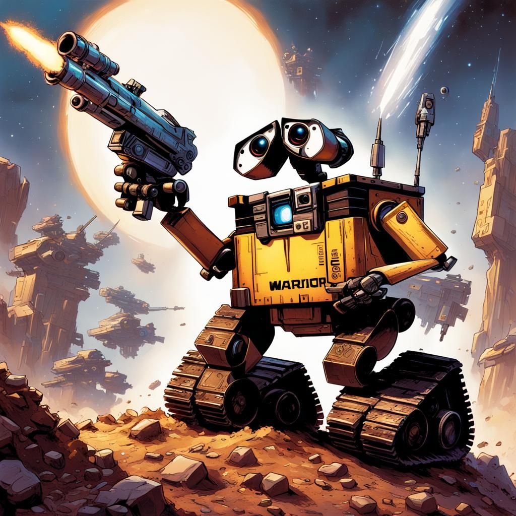 Warrior WALL-E with Gatling Gun, Comic Book Art