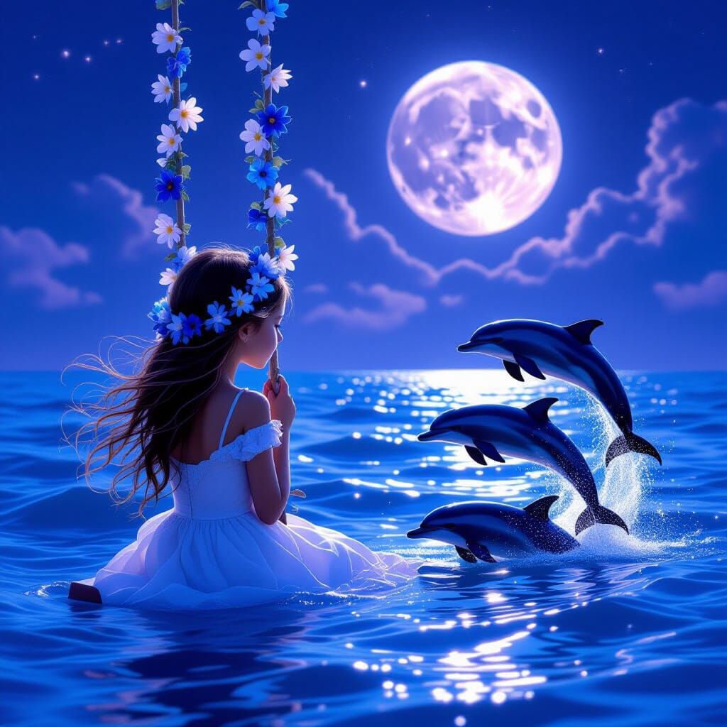 Girl Swings by Sea Under Purple Moon with Dolphins
