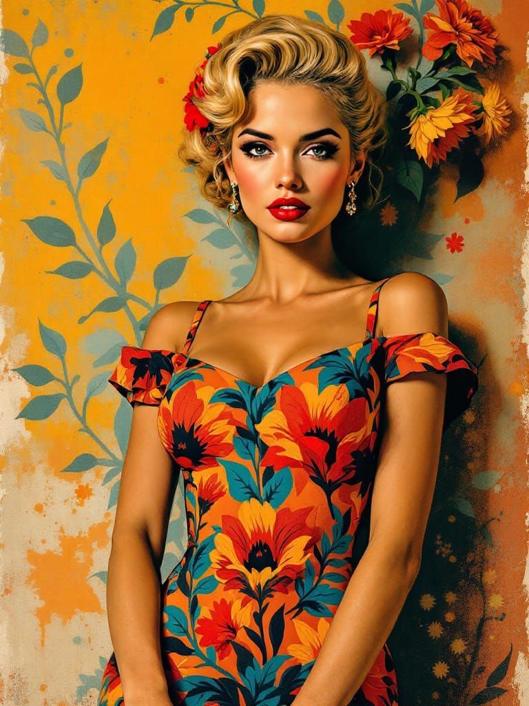 1950s Pin-Up Woman in Bold Folk Art Style