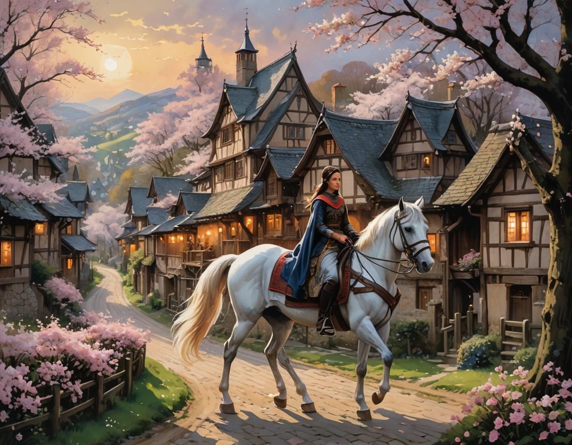 Girl on Horseback in Cherry Blossom Valley