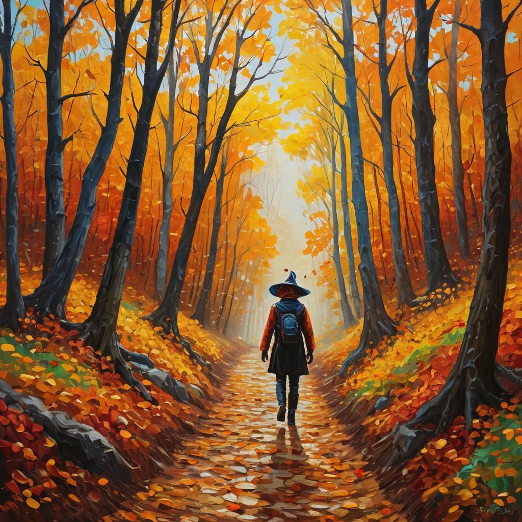 Halloween Costume in Autumn Forest: Neo-Impressionist Oil Pa...