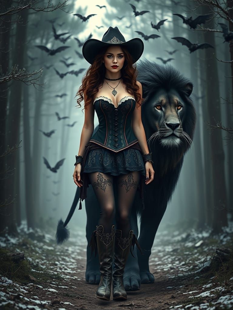 Vampirella and Black Lion in Snowy Forest