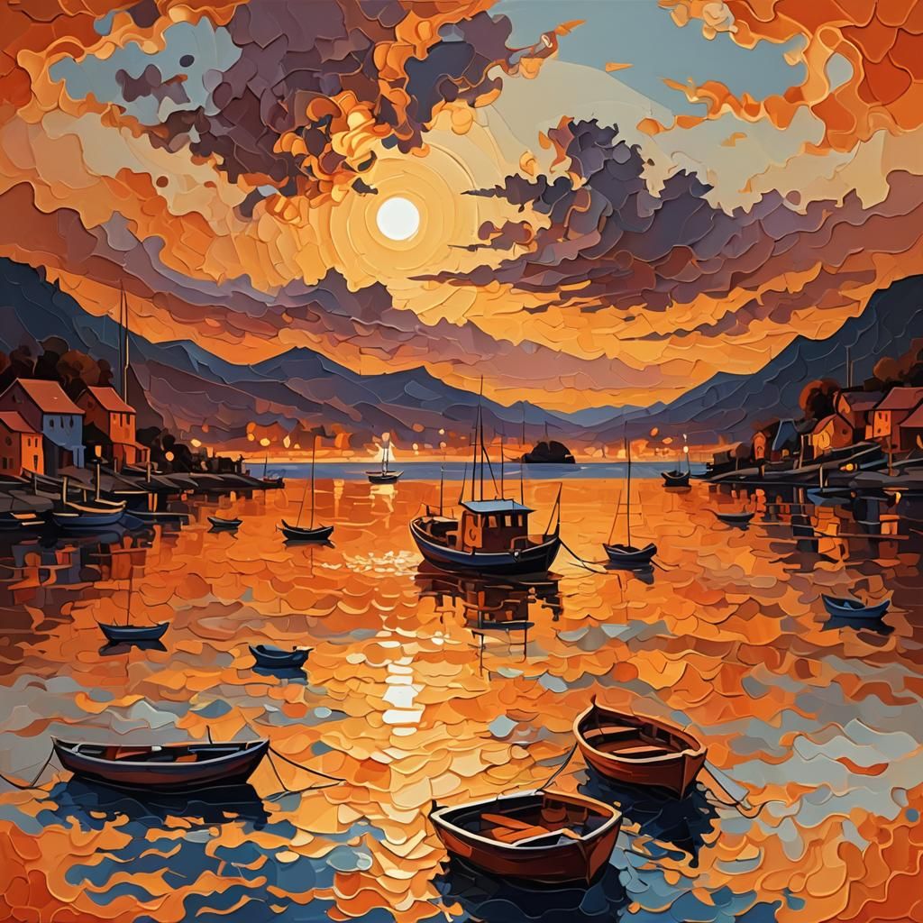 Abstract Orange Sunset Harbor Impasto Oil Painting