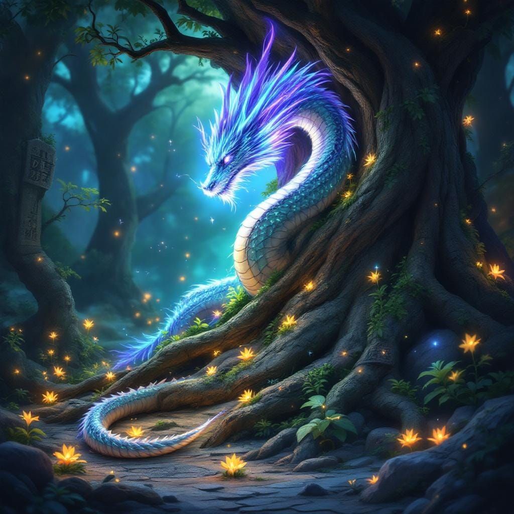 Bioluminescent Dragon in Mystical Ghibli-Style Forest