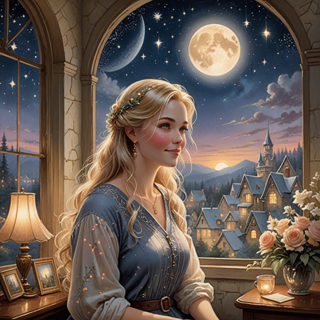 Dreamy Nighttime Scene in Whimsical Ink and Wash Style