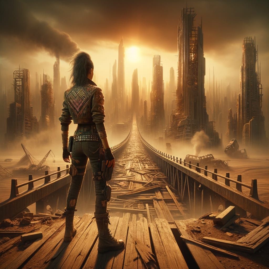 Punk Woman on Crumbling Bridge in Retro-Futuristic Style