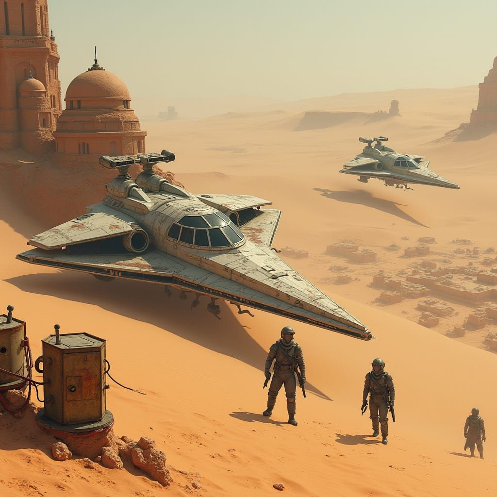 Star Wars Style Starships in Futuristic Desert Town