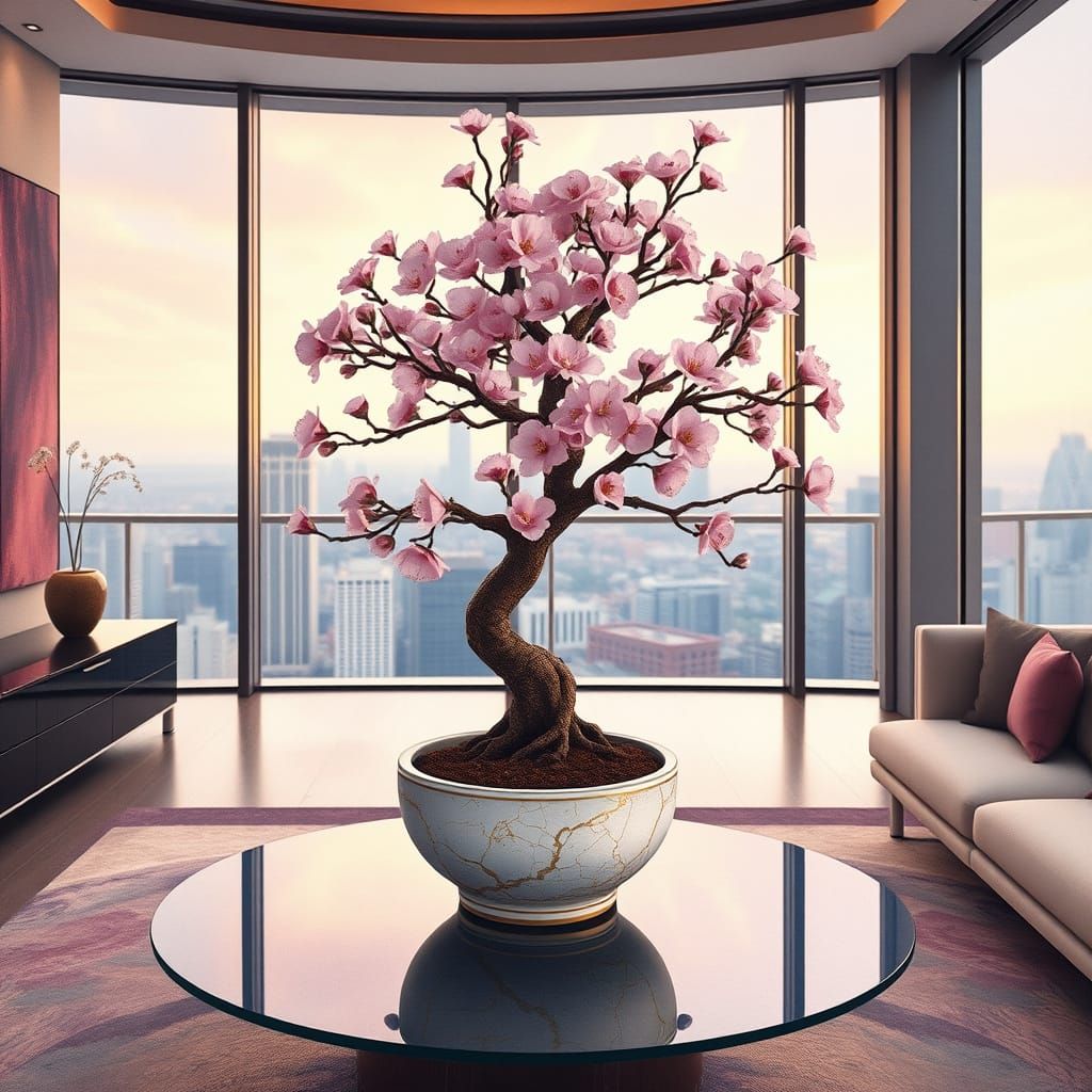 Cherry Blossom Bonsai in Luxurious Penthouse Style