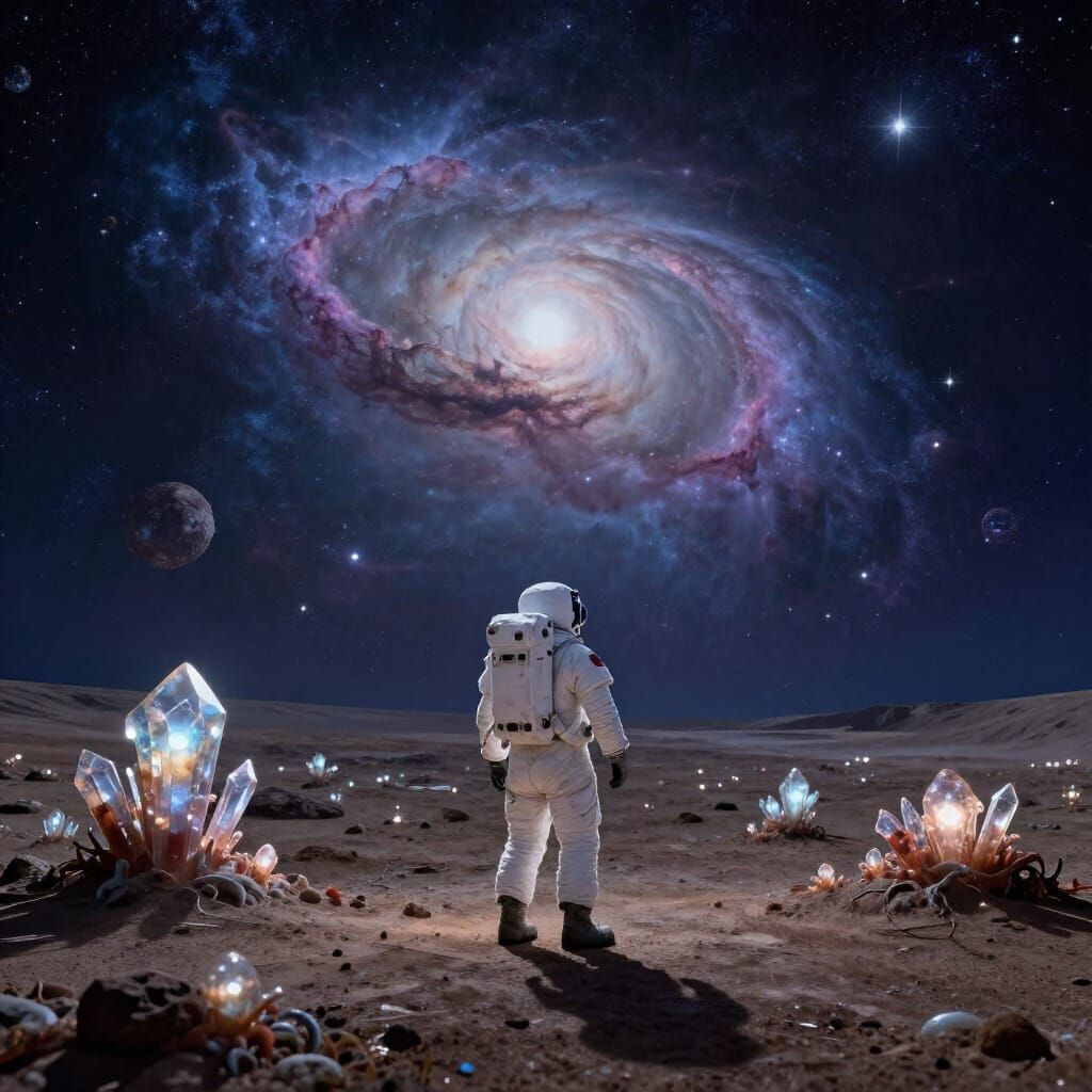 Astronaut Gazes at Alien Nebula on Crystalline Planet