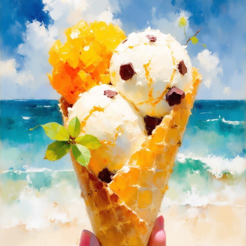 Ice Cream Cone on Beach in Watercolor Style