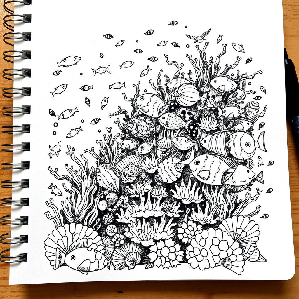 Elaborate Doodle Art Reef with Fish