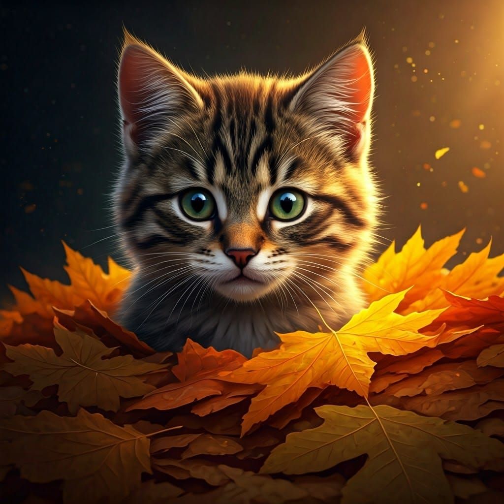 Cute Kitten in Fall Leaves, Detailed Digital Painting