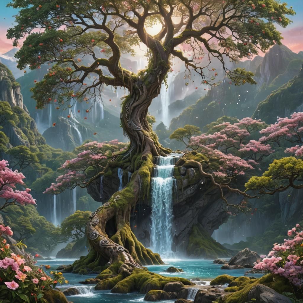 Waterfall from Beautiful Tree of Life Yggdrasil :: yin yang ...