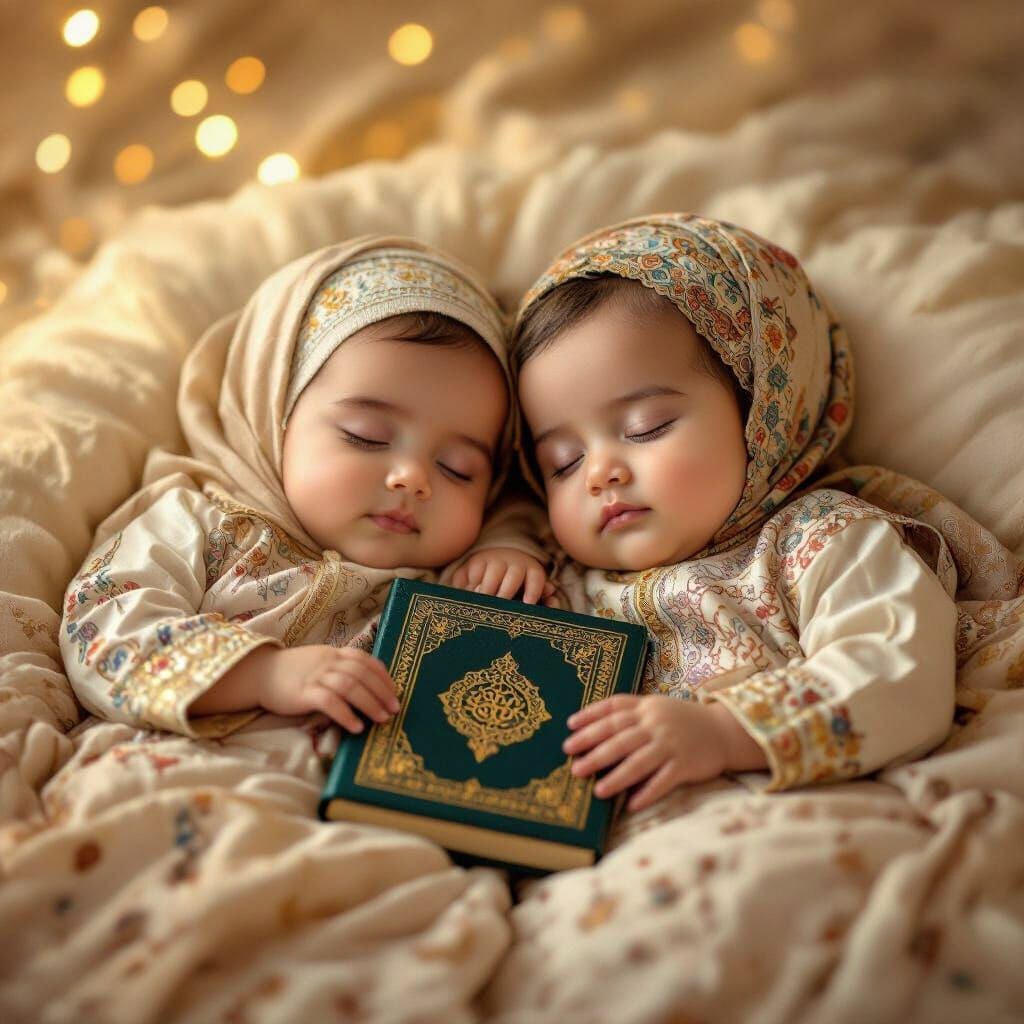 Muslim Babies Sleeping with Quran in Digital Art