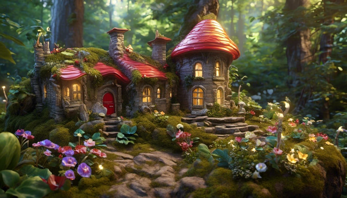 Mushroom House with Pugs in Fantastical Forest