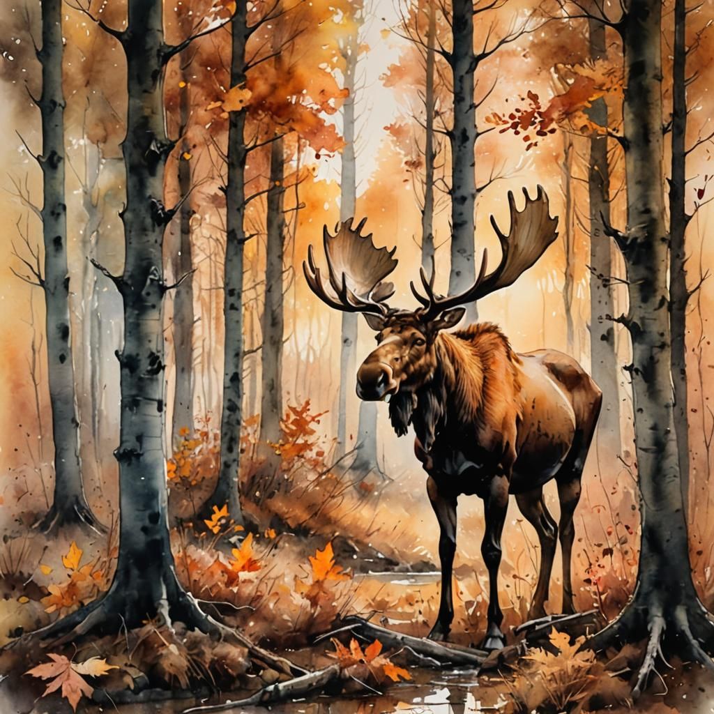Moose in Autumn Forest: Watercolor Landscape