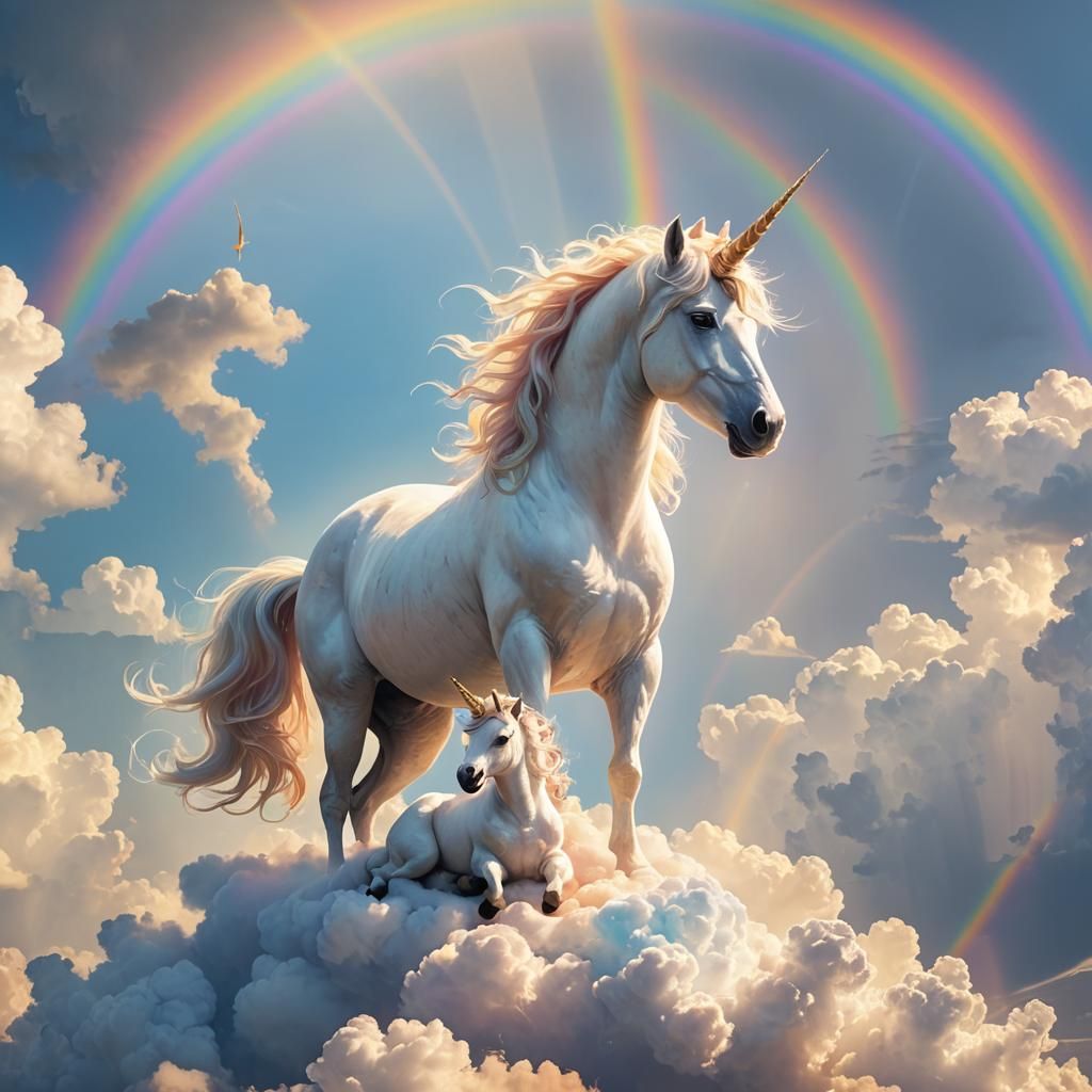 Unicorn Mother and Baby on Rainbow Cloud