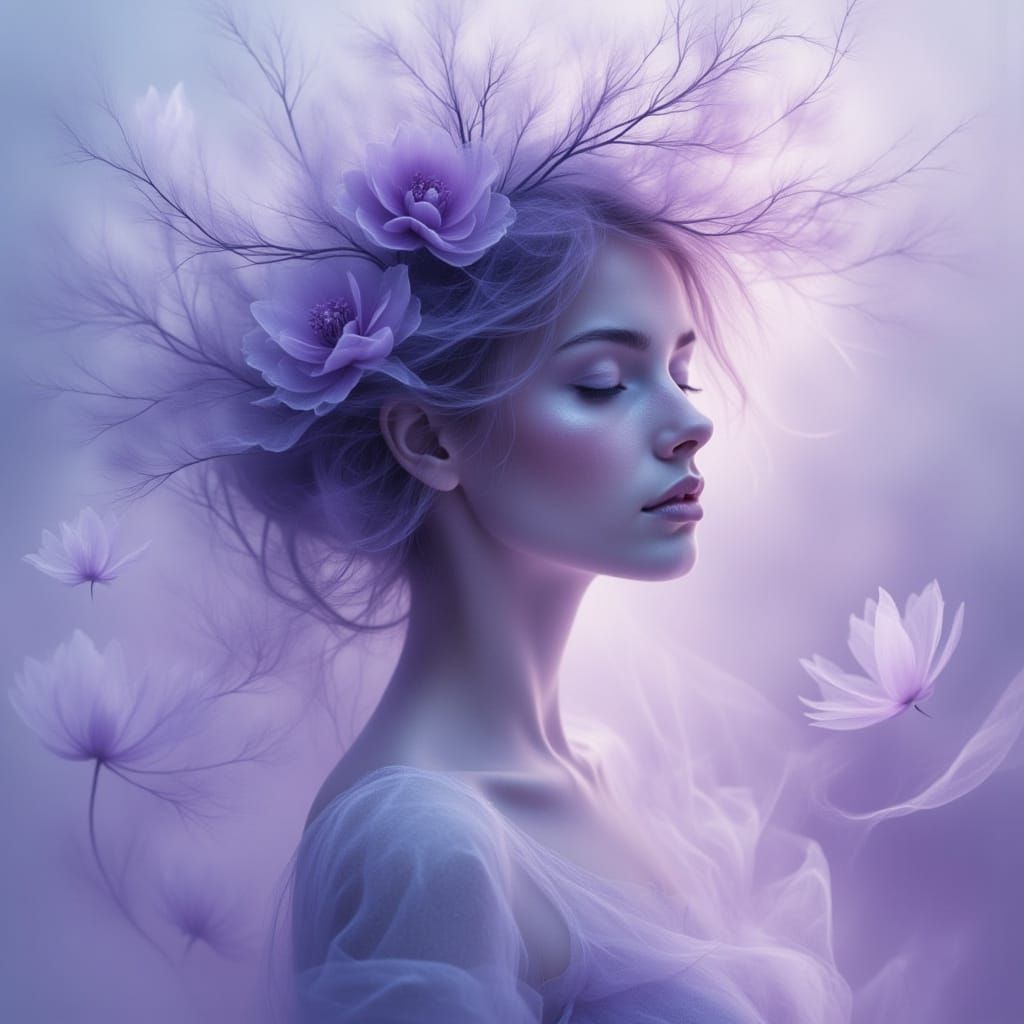 Ethereal Woman in Lavender Mist, Dreamlike Art