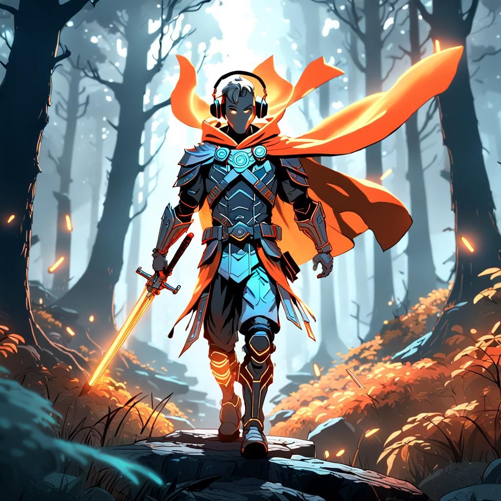 Warrior with Neon Outlines in a Gritty Forest