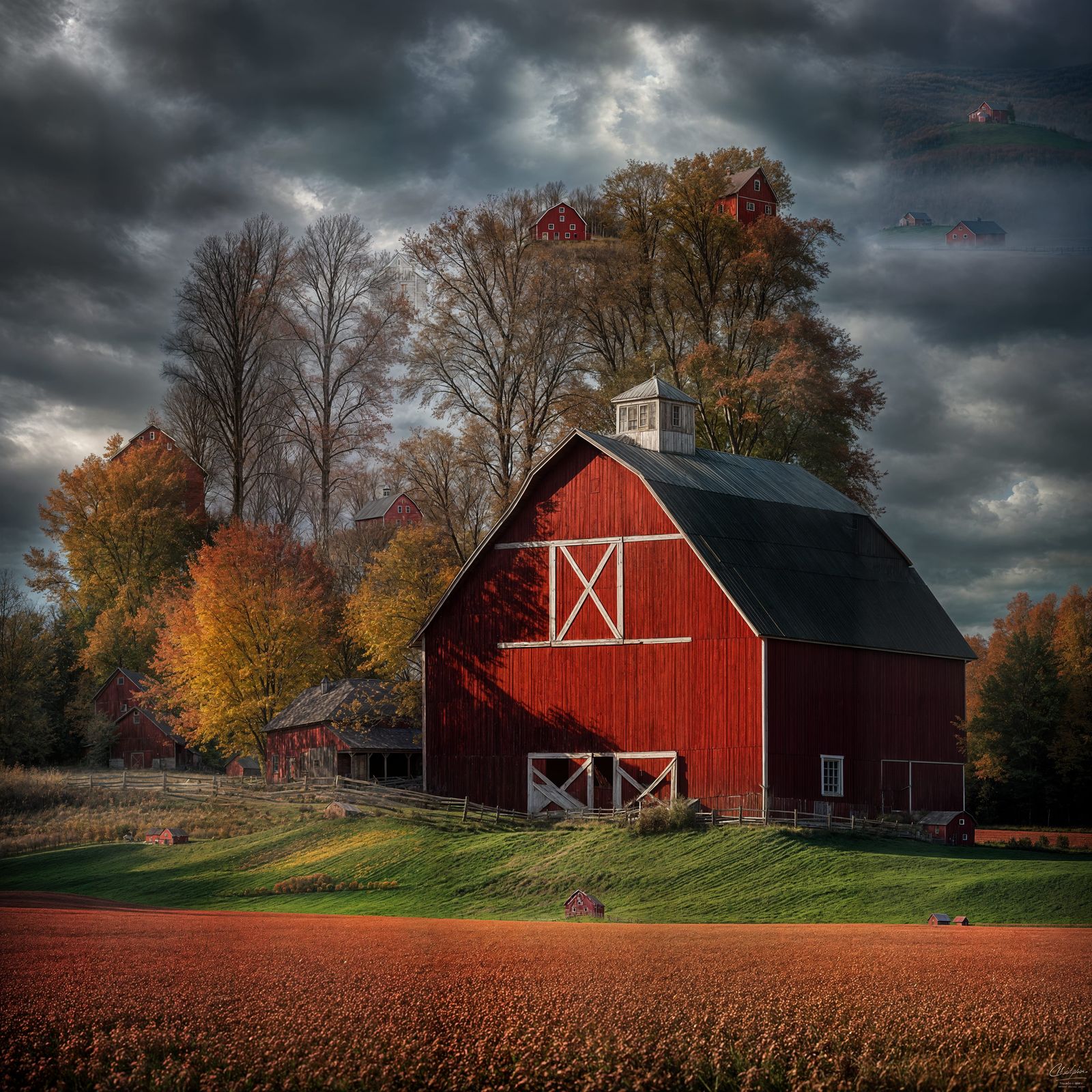 Hyperrealistic Red Barn in Autumn Landscape