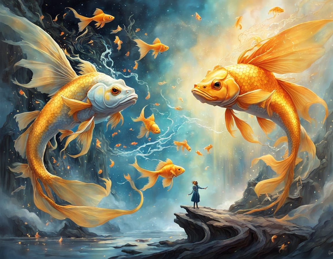 Serene Maiden Surrounded by Golden Goldfish in Dreamlike Wat...