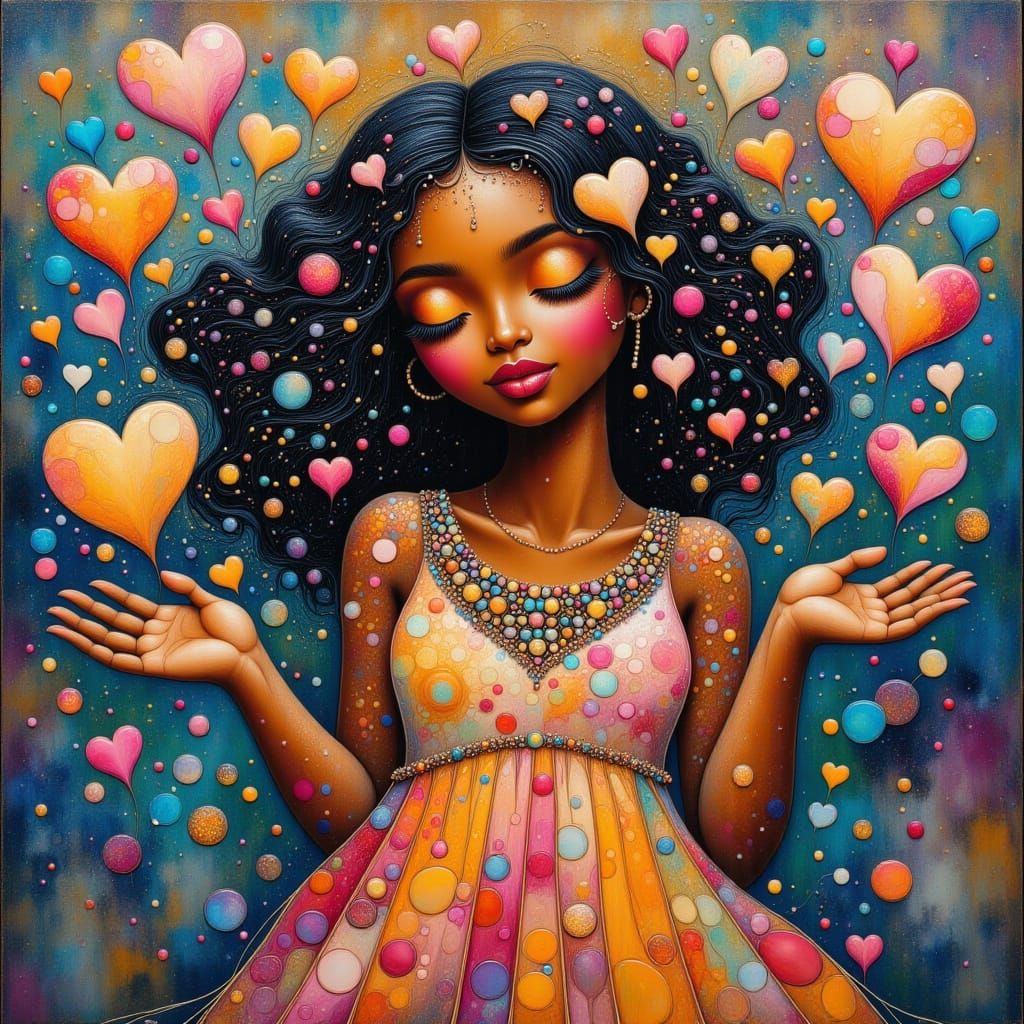 <lora:-Fluid Art-:1.0> <lora:Shadow whimsy:1.0> A warm and gentle soul with dark skin tone, surrounded by an aura of lov...