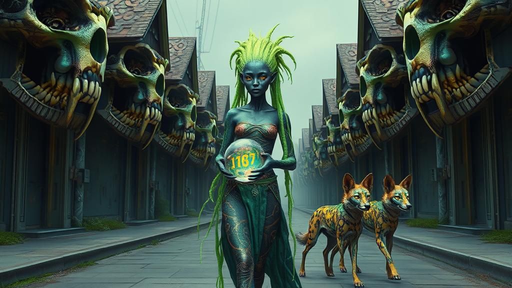 Alien Queen in Surreal Biomechanical Cityscape