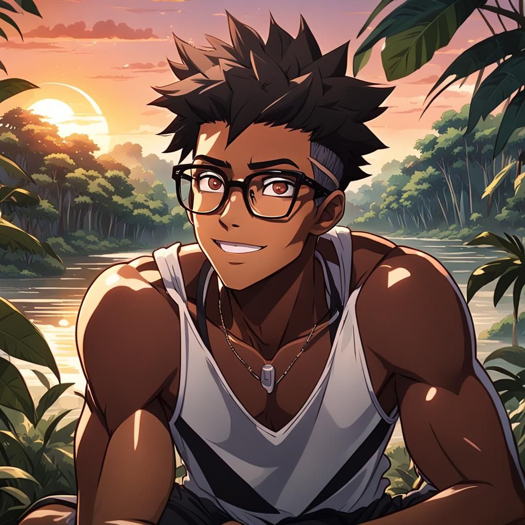 Anime Boy Relaxing in Amazon Jungle at Sunset