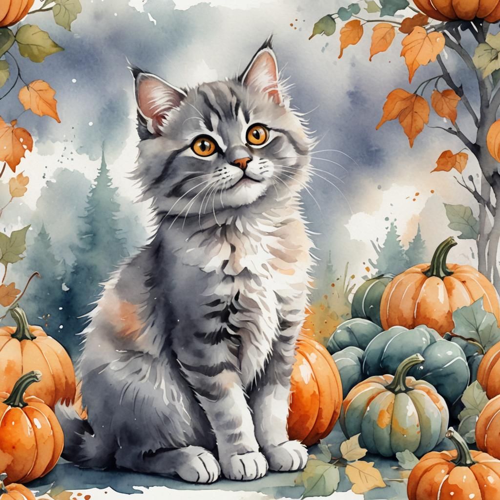 Cartoon Kitten with Pumpkin in Watercolor Style