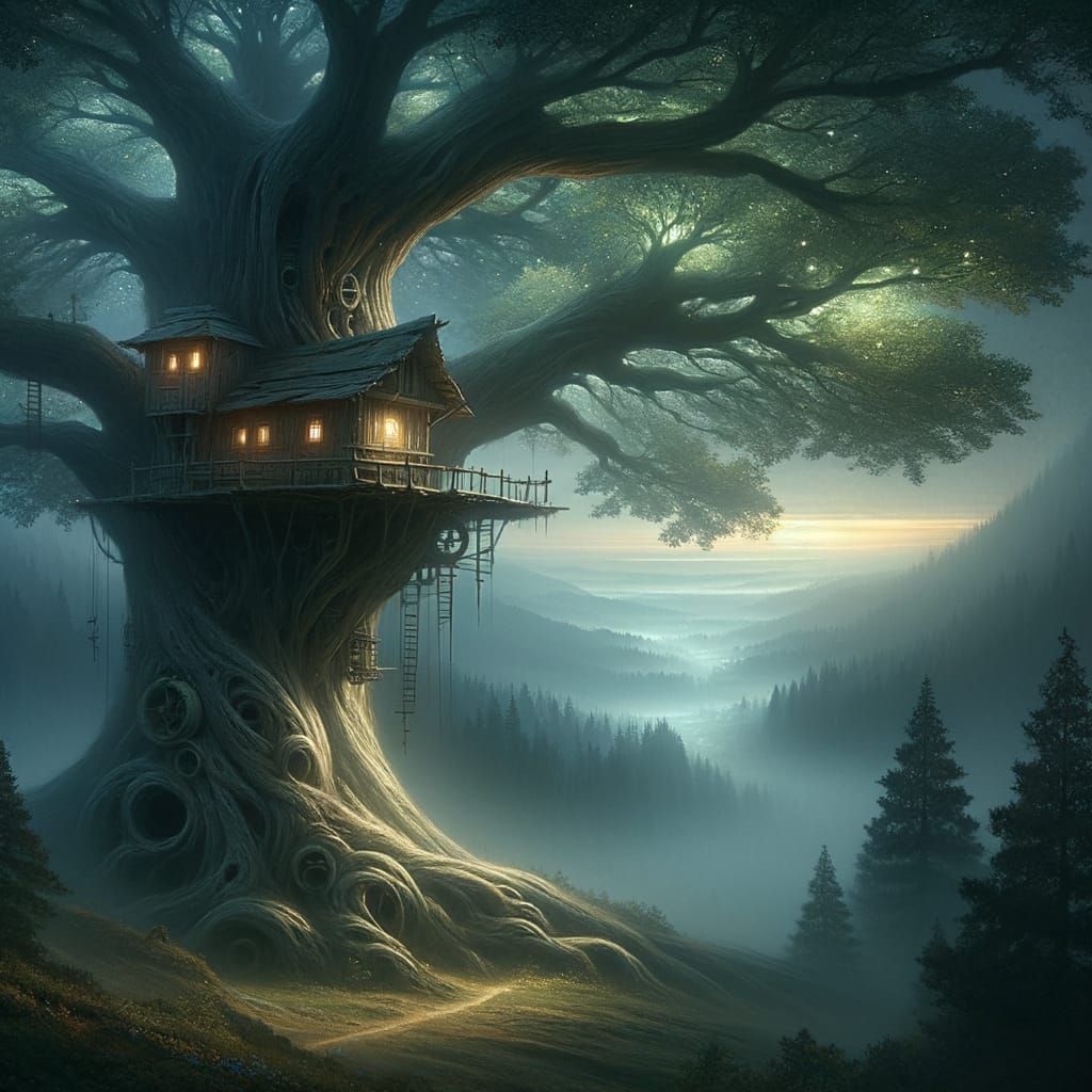 Surreal Treehouse Overlooking Misty Valley in Early 20th Cen...