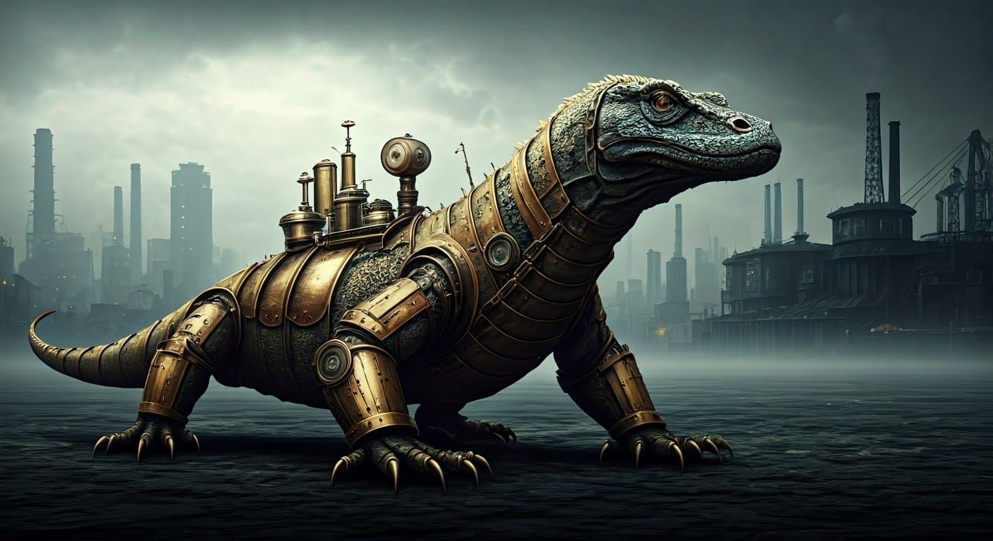 Steampunk Komodo Dragon in Industrial-Era Jakarta