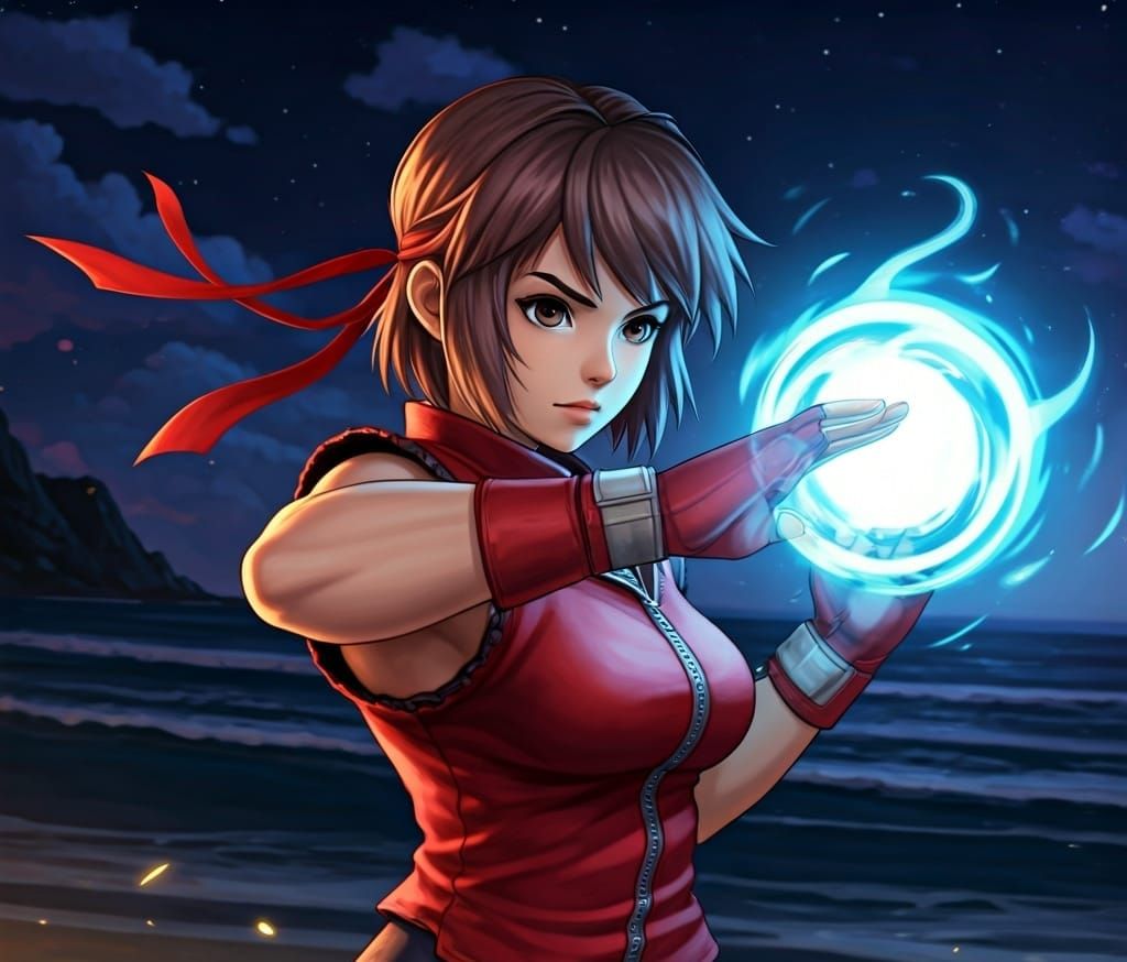 Sakura Kasugano Prepares a Hadouken at Night