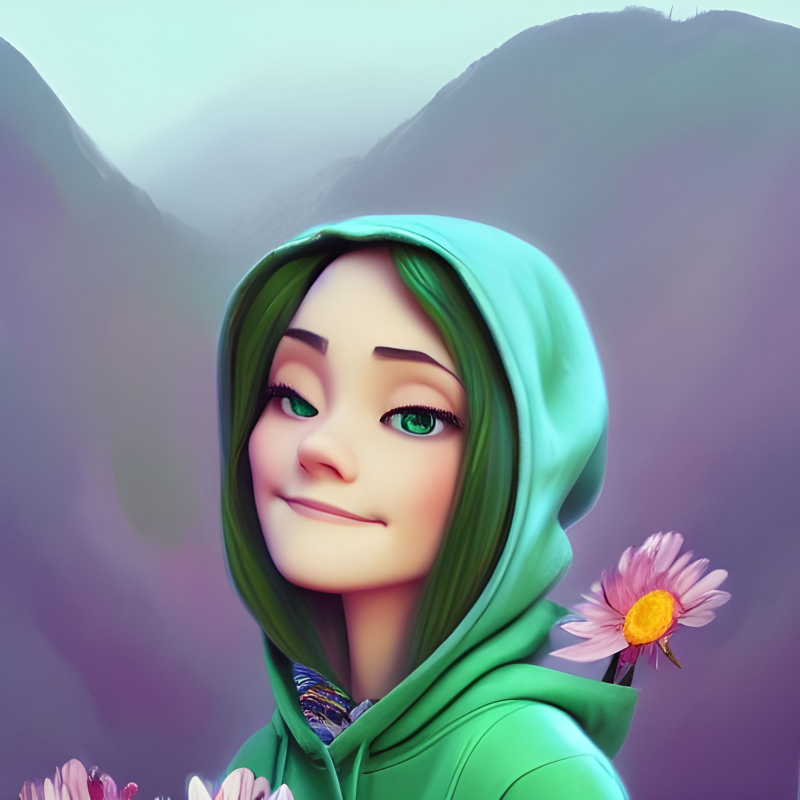 Green-Haired Woman in Sunny, Detailed Pixar Style