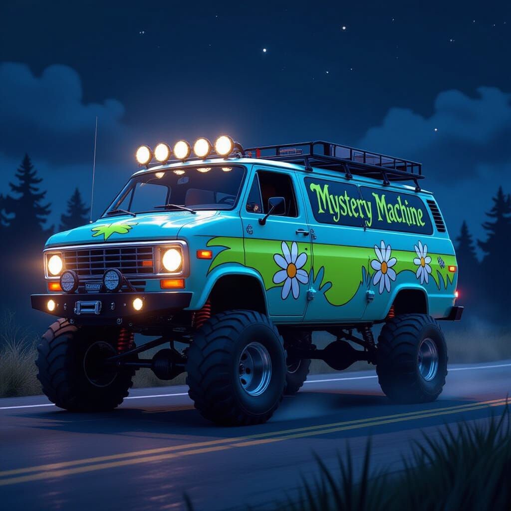 Modified Mystery Machine Van Driving Through Night