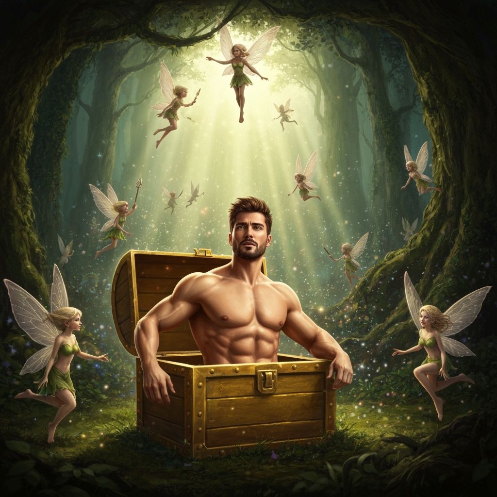 Muscular Man Emerges from Treasure Chest into Enchanted Fore...