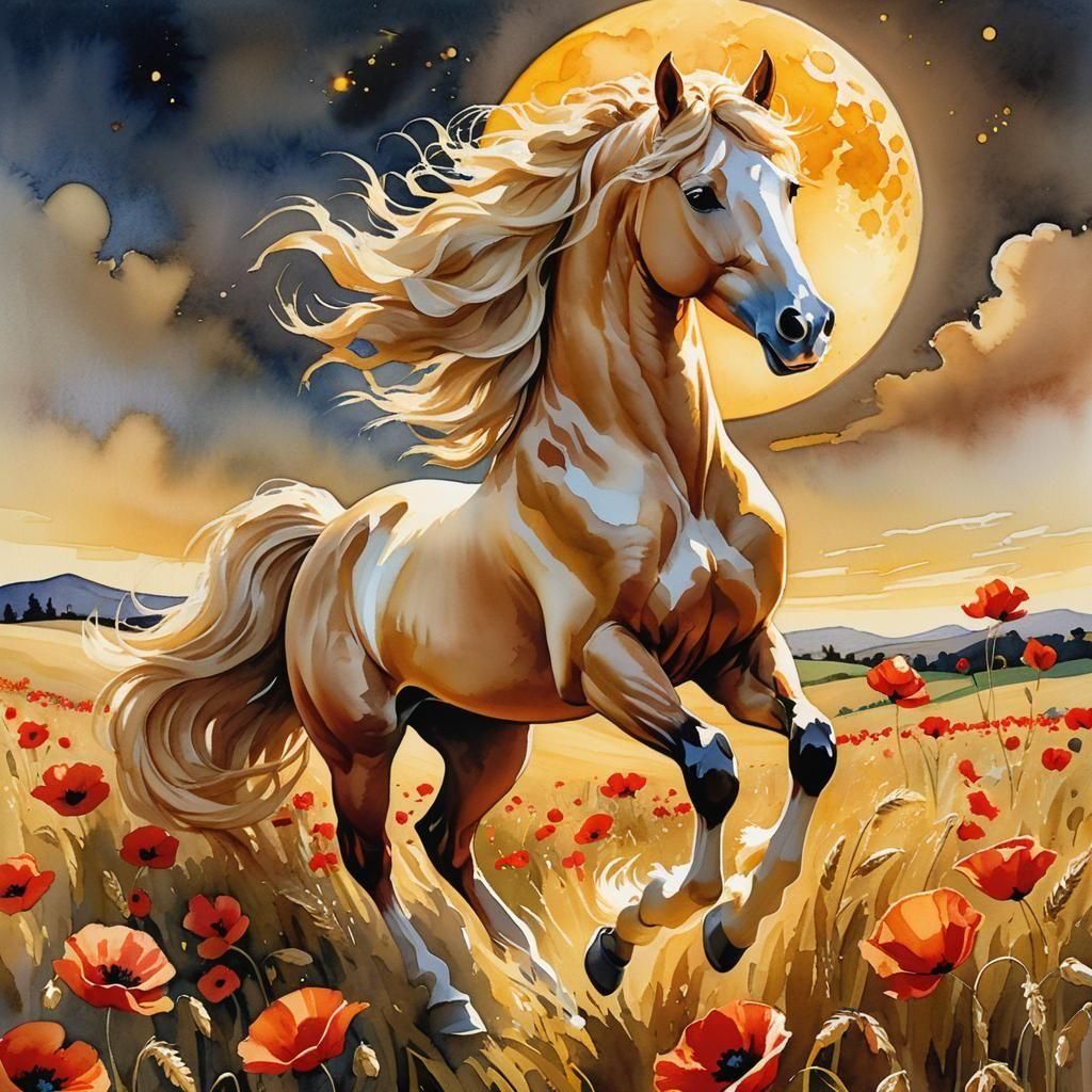 Luminous Wheat Horse Leaping Under Harvest Moon