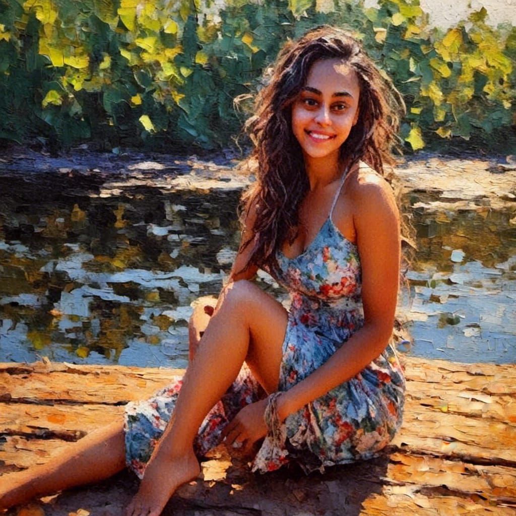 Idyllic Lakeside Scene as Impasto Oil Painting