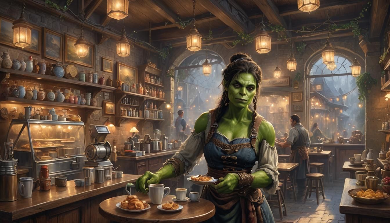 Cozy Coffee Shop Scene with Orc Barista