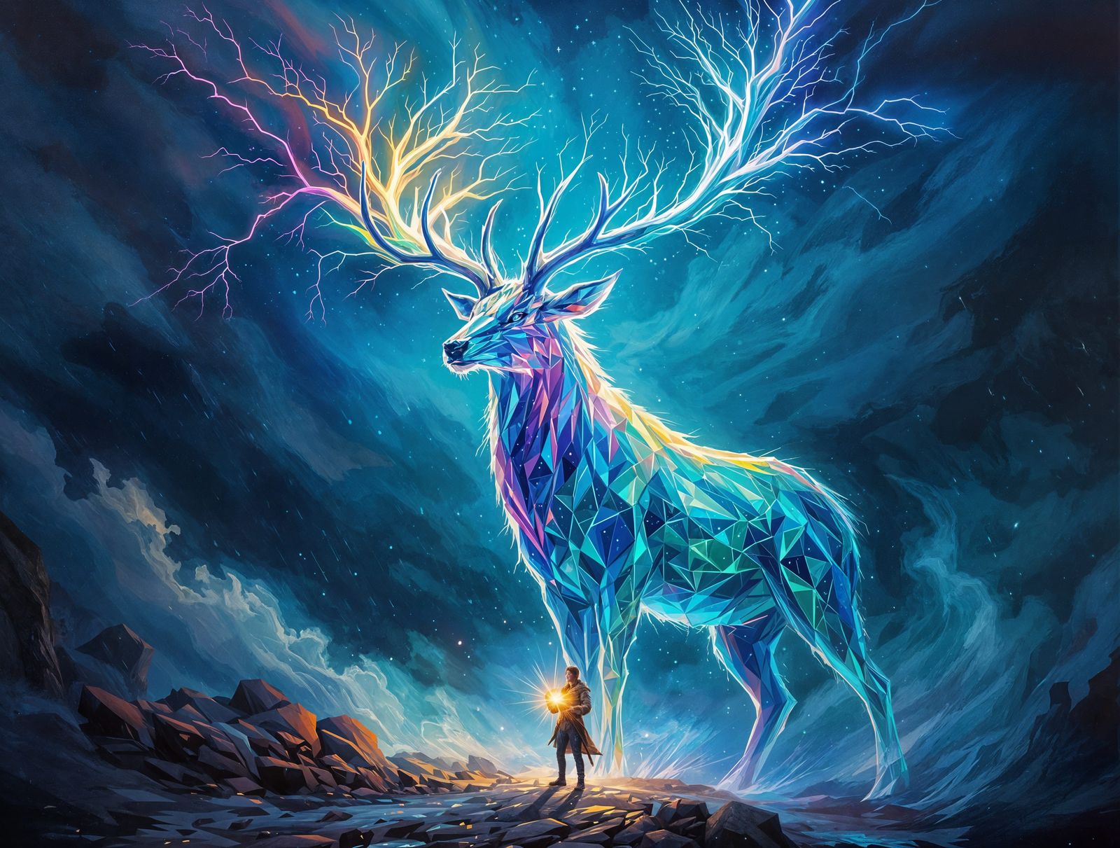 Cyberpunk Crystal Stag in Stormy Landscape