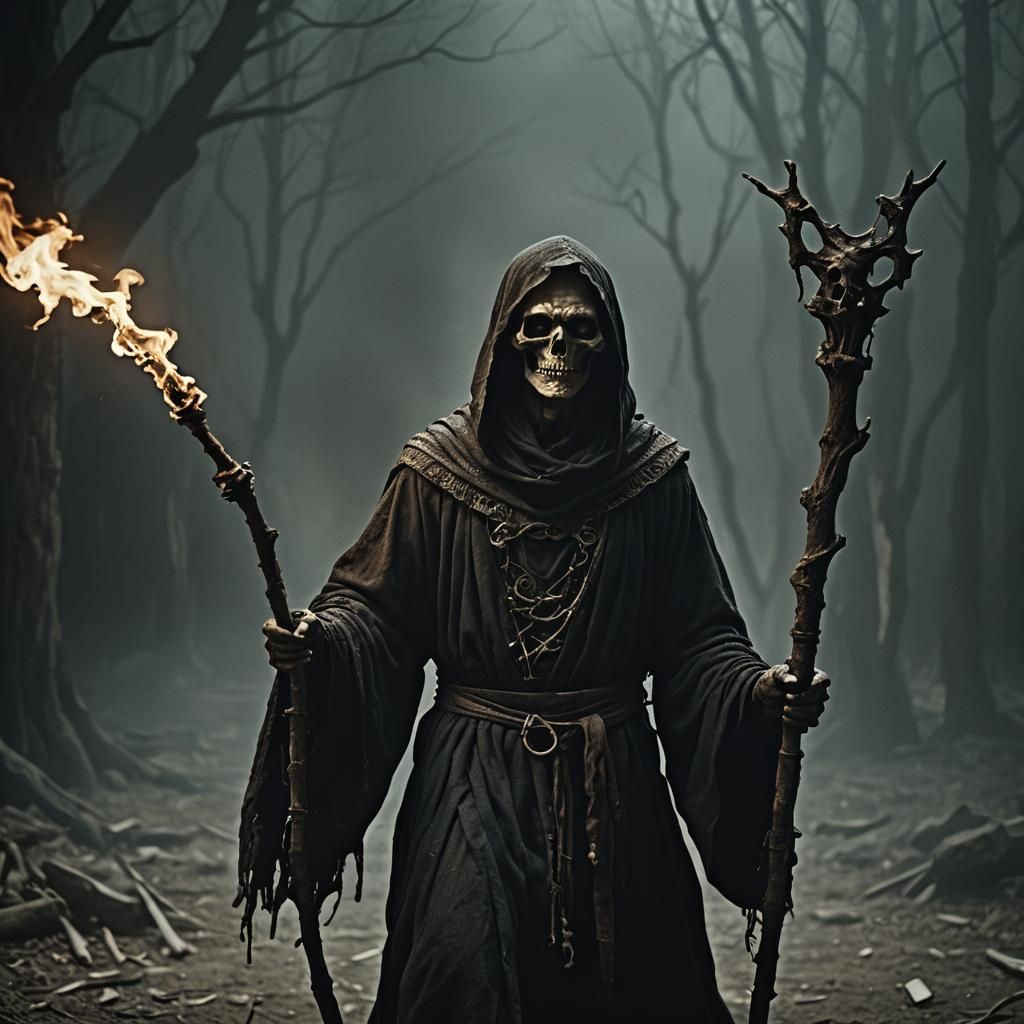 Cinematic Dark Fantasy Skeletal Man with Glowing Staff