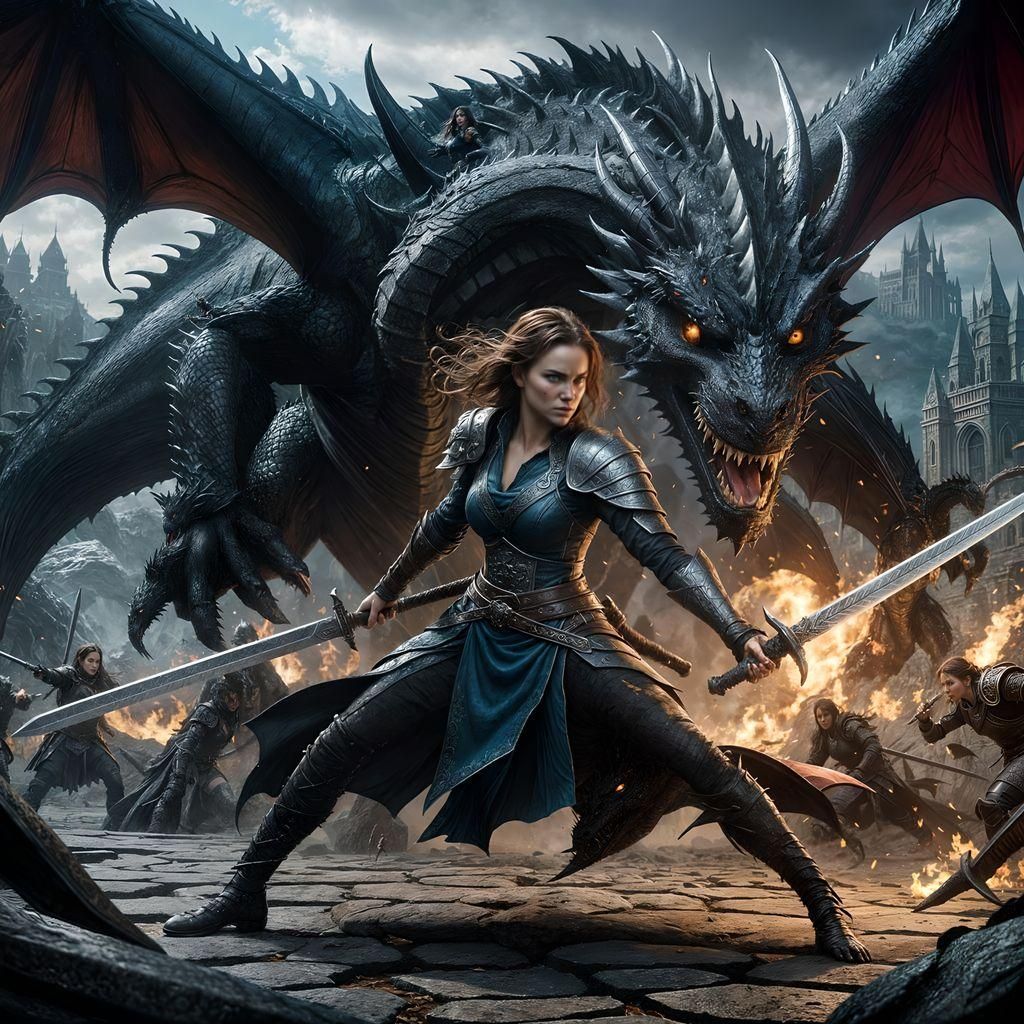Dragon and Warrior in Dark Fantasy Style