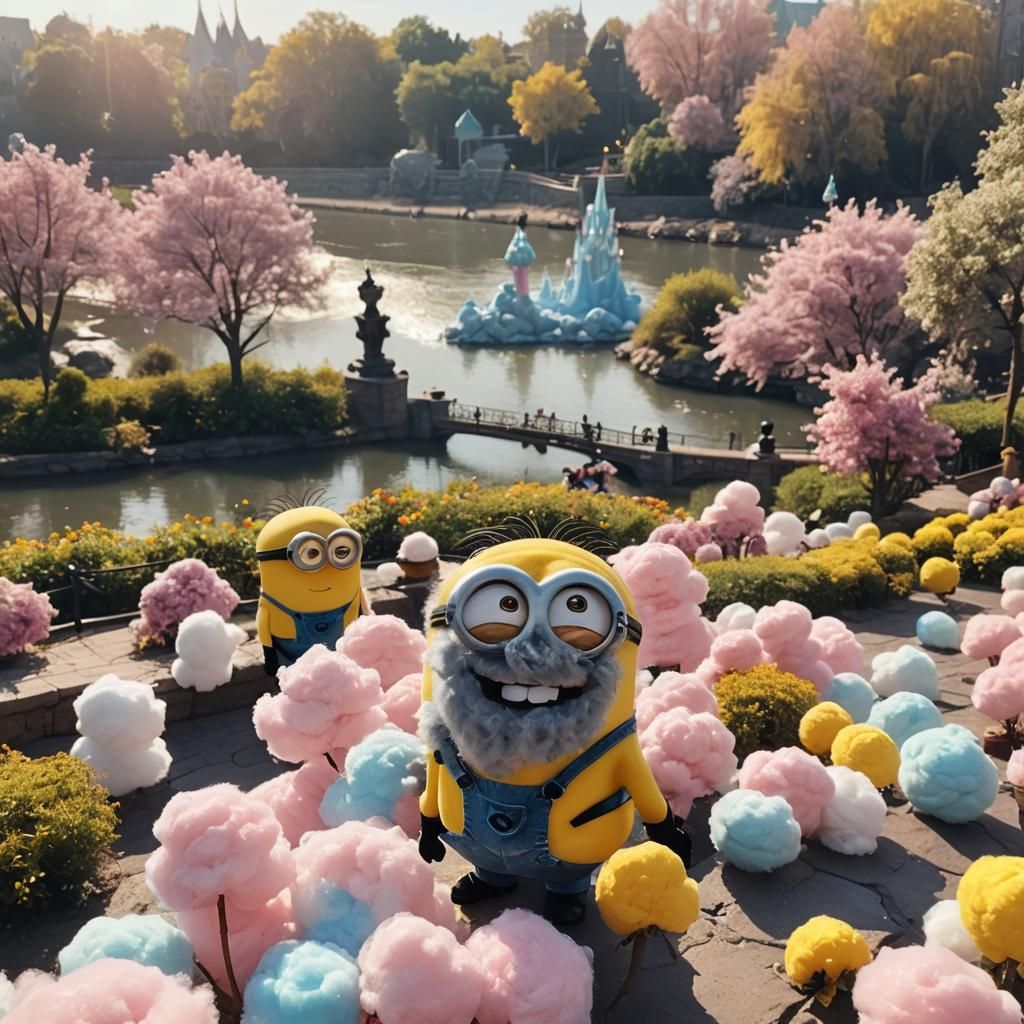 Minion Enjoys Cotton Candy at Disney Park
