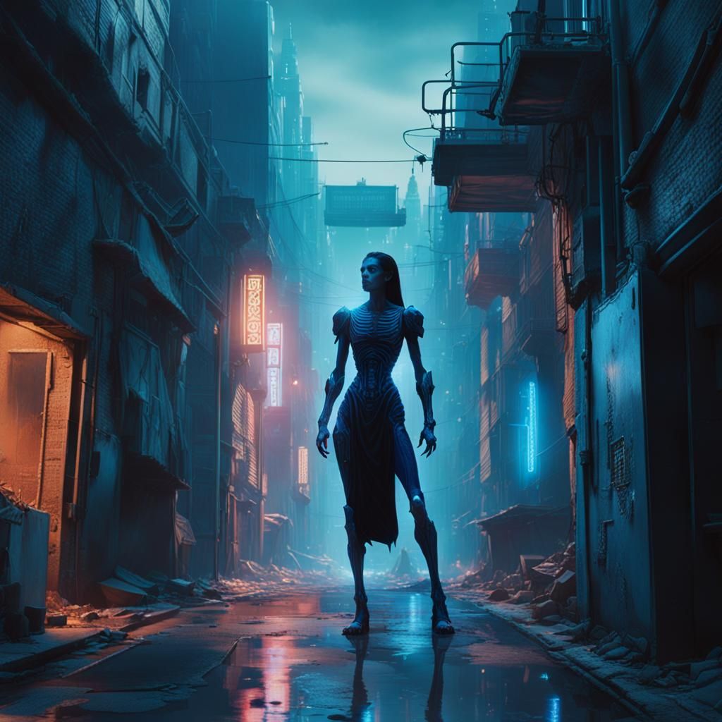Cyberpunk Centaur in Dimly Lit Alleyway