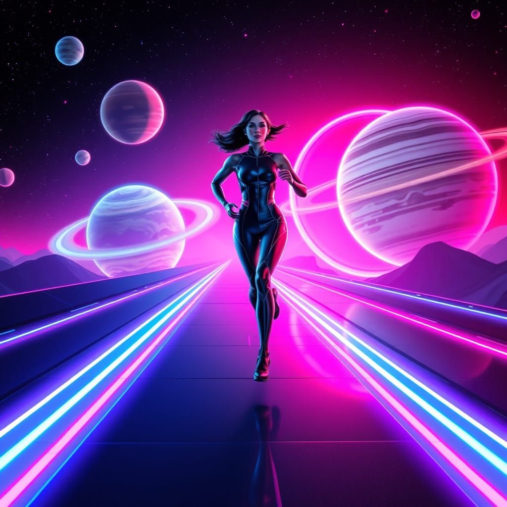 A woman running on futuristic runway with digital clothing in space and animated planets designs