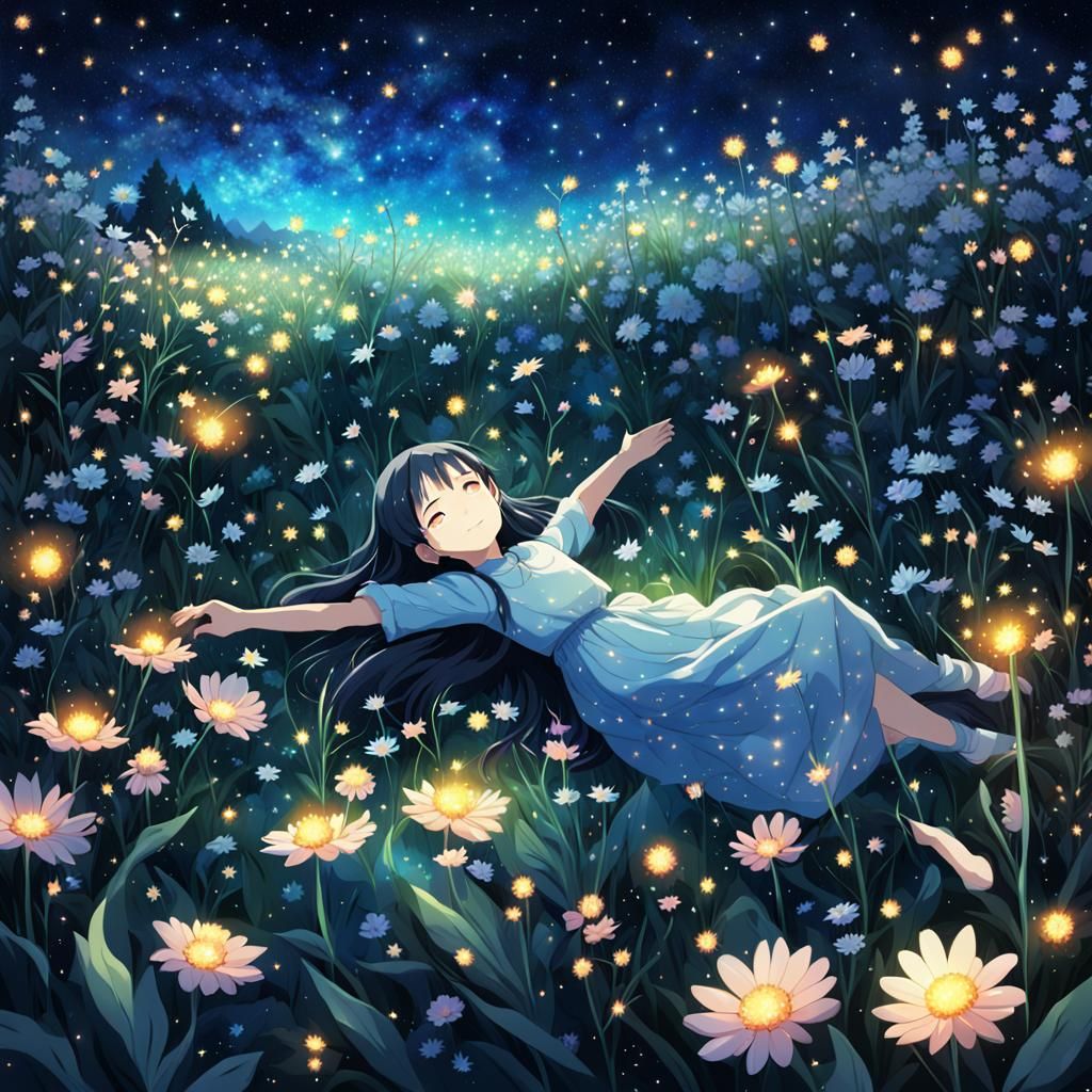 Anime Character in Magical Glowing Meadow