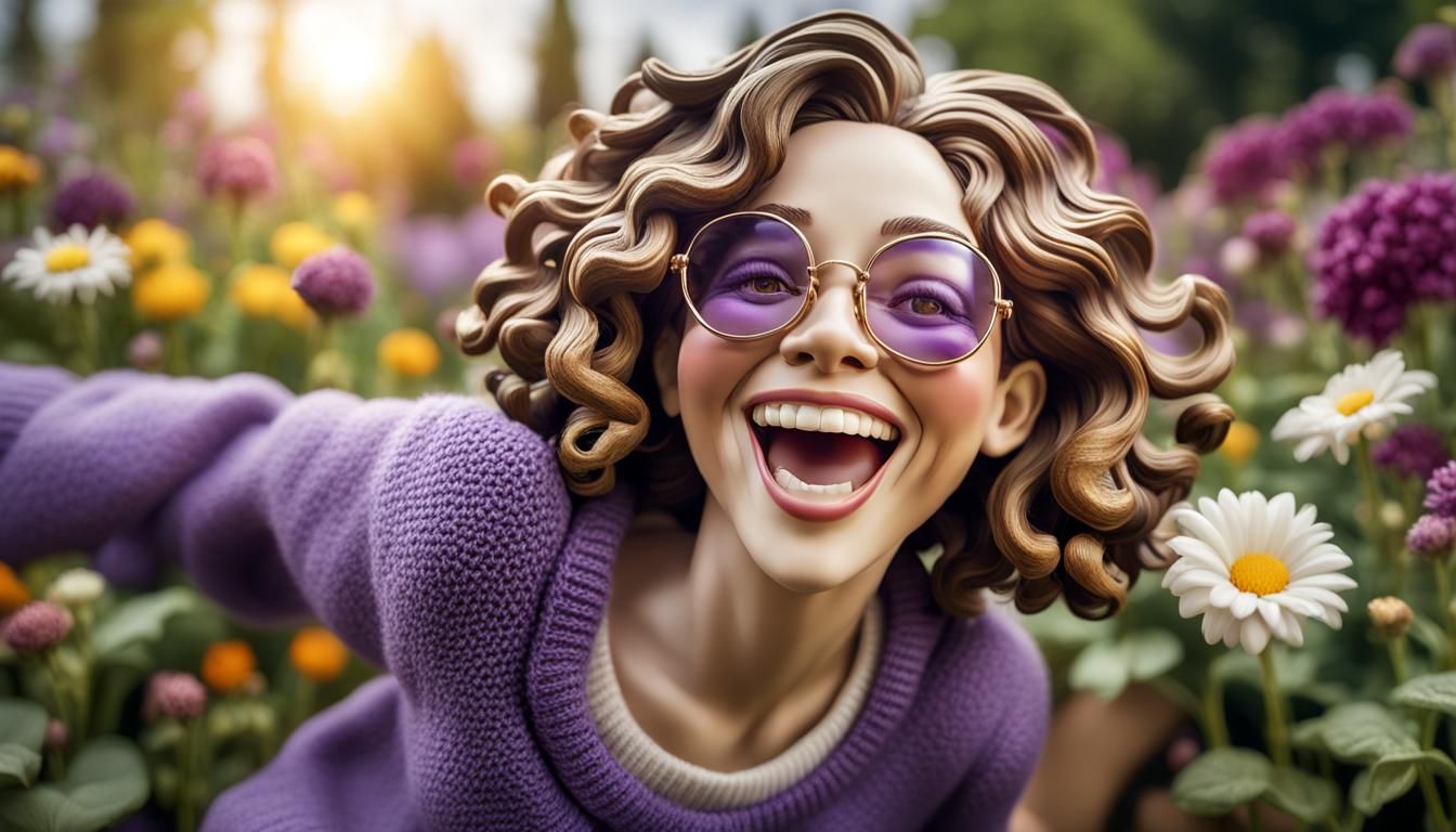 Laughing Woman Figurine in Flower Garden