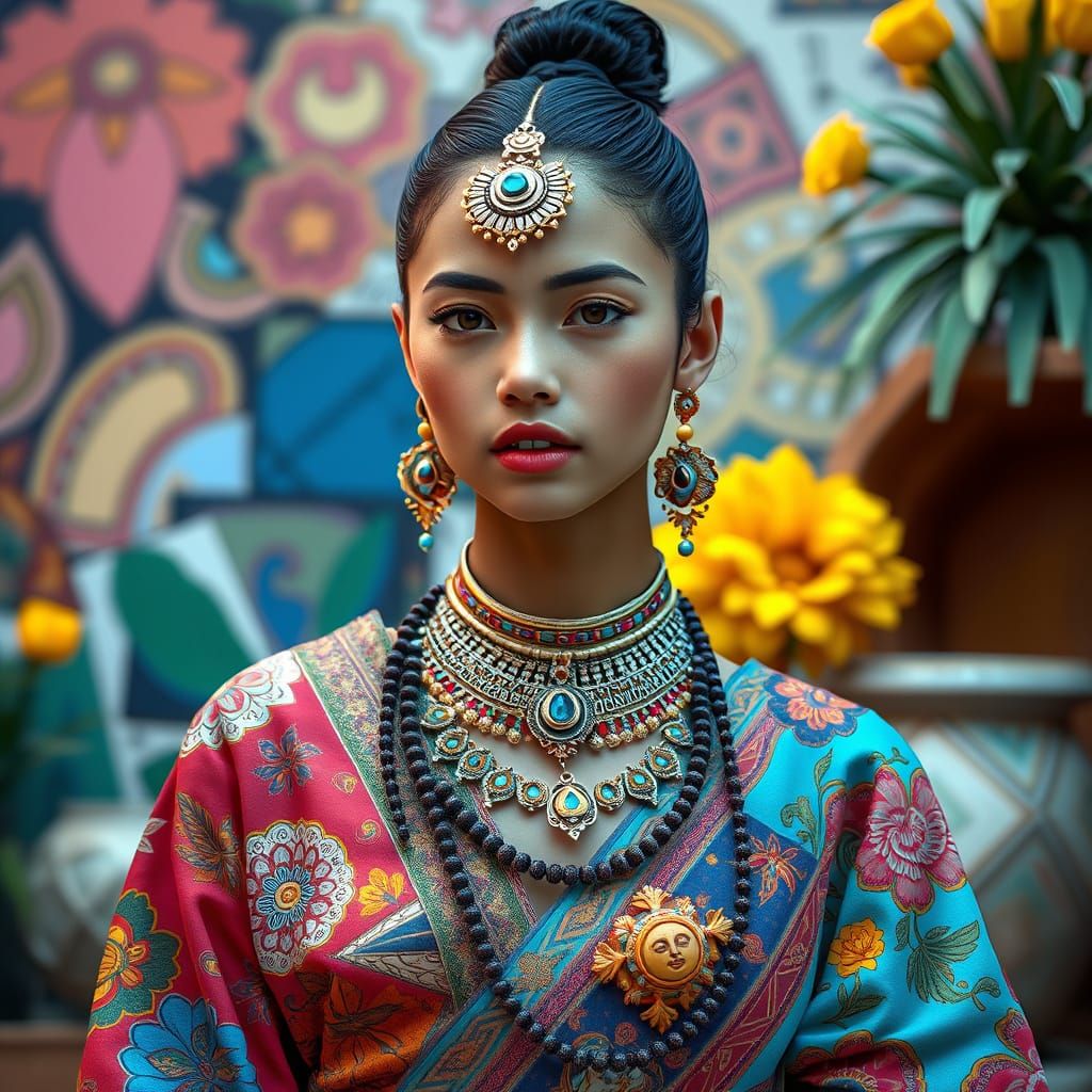 Hyperrealistic Teenager in Detailed Clothing with Ancient Je...