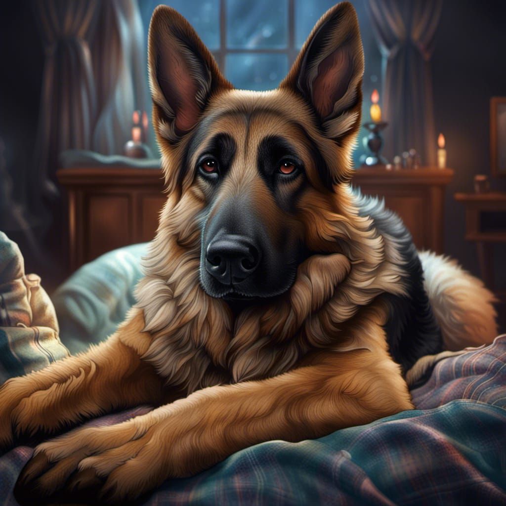 German Shepherd Protects Stuffed Animal: Fantasy Art
