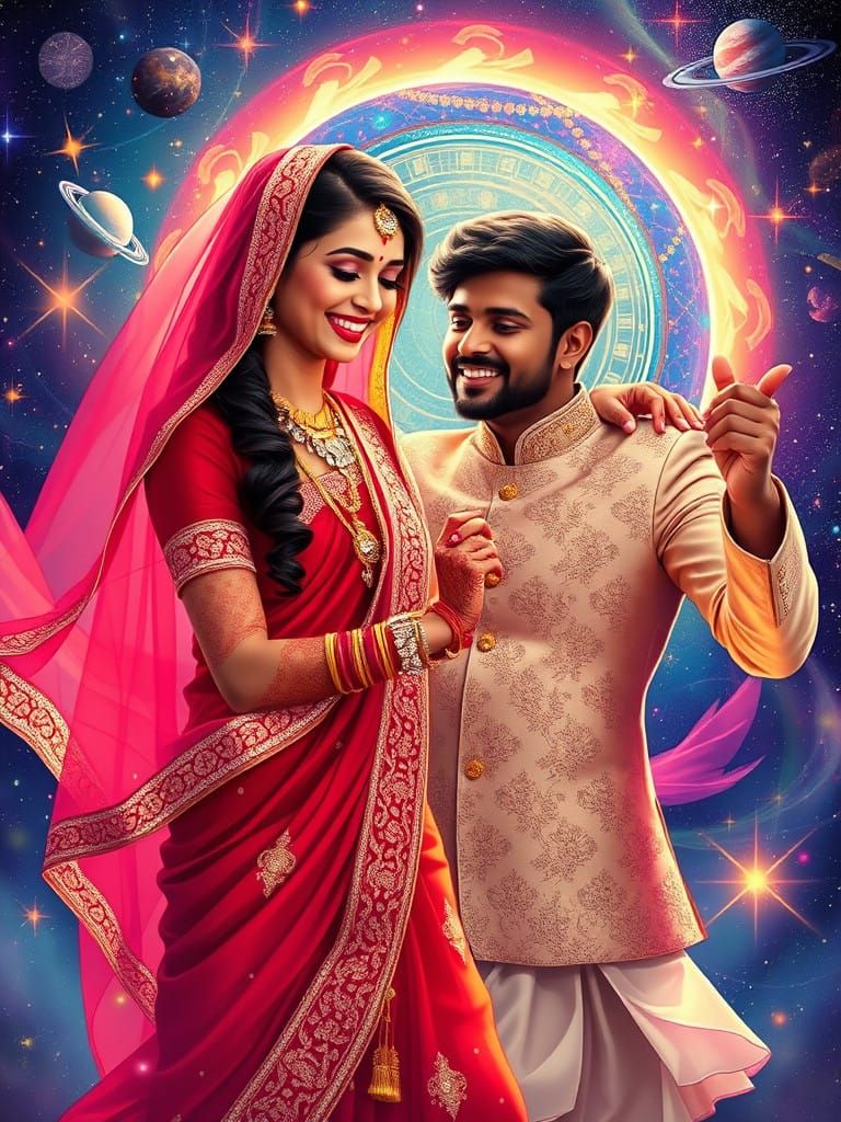 Vibrant Indian Bride Dances in Cosmic Aura