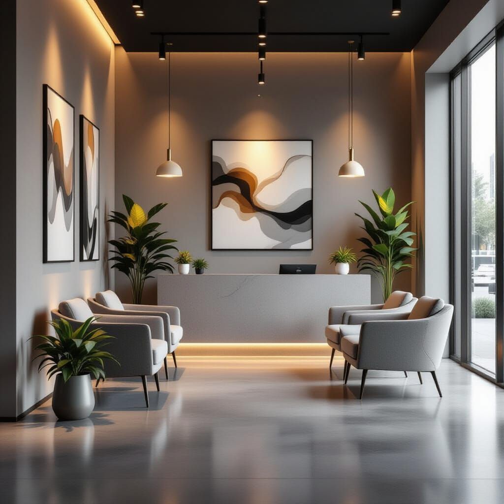 Modern Office Reception with Minimalist Furniture and Abstra...